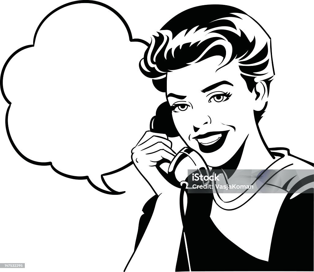 Retro Style Woman on the Phone Black and white illustration of an old fashioned woman having a conversation on the phone. High resolution JPG and Illustrator 0.8 EPS included. Retro Style stock vector
