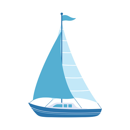 cartoon vector illustration of cute sailboat isolated on white background, boat with sails, marine ship in flat style