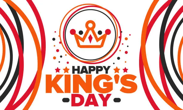 Vector illustration of King’s Day in Netherlands. Koningsdag in Dutch. Nation’s cultural heritage and the celebrate birthday of His Majesty King. Dutch royal family. Netherlands flag. Orange colour or orange madness. Vector