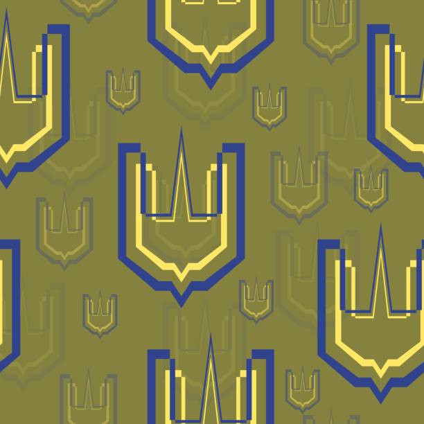 원활한 패턴입니다. 방패에 삼지창 엠블럼. 우크라이나 군대의 상징. 군사 휘장. - ukraine trident ukrainian culture coat of arms stock illustrations