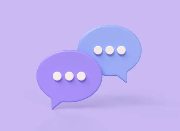 Photo of 3d speech bubbles with dots, mention icon in comments or social network chat. concept of communication or messaging. illustration isolated on purple background. 3d rendering