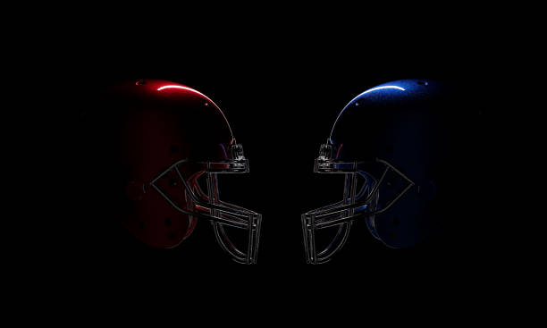 istock Red Versus Blue Shiny Metallic 3D Rendered Football Helmet with Dramatic Lighting Effect Over Black Background and Clipping Path 1475332856