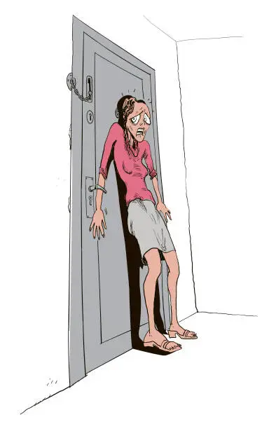 Vector illustration of Scared Woman Hiding Behind Door