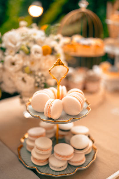 Tea party At The Garden, Beautiful English Afternoon Breakfast Ceremony with Desserts and Snacks, desserts various set, Placed in a cute white dish and the flower petals around. Relax and happy stock photo