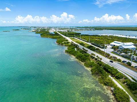 Aerial view of the island Marathon Key and the Overseas Highway at the Florida Keys