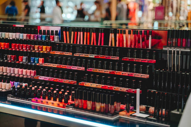 Beauty product nail polish, lipstick stock photo