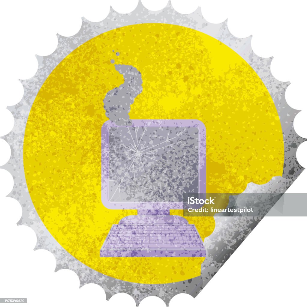 Breaking Computer Sticker Broken Computer Graphic Vector Illustration Round Sticker Stamp Stock ...