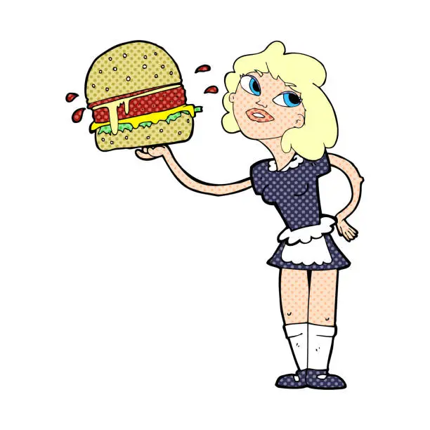 Vector illustration of cartoon waitress serving burger