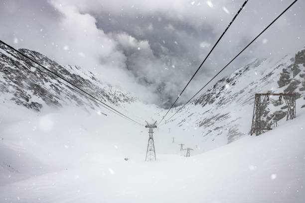 Cable car in the Carpathian Mountains during the winter snow
