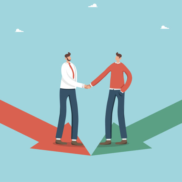 ilustrações de stock, clip art, desenhos animados e ícones de business people make a deal and shake hands in arrows - connection merger road togetherness