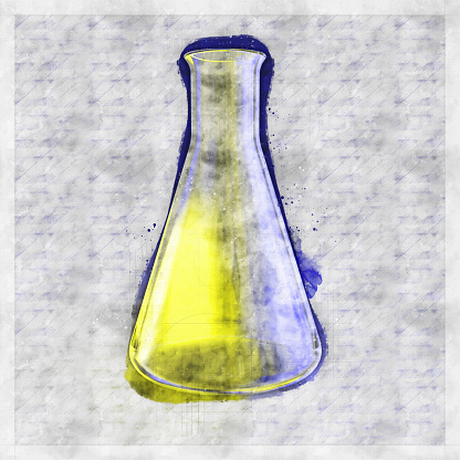 Laboratory glassware, conical (Erlenmeyer) flask, 3D illustration in sketch style