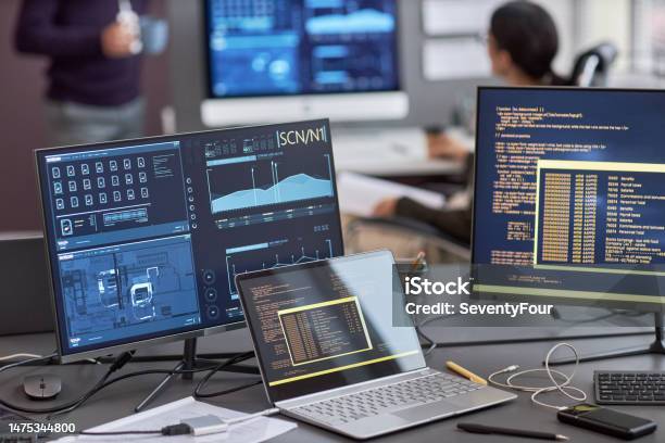 Background Image Of Multiple Computer Screens With Data And Code Stock ...