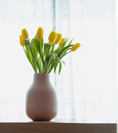 Yellow tulips in a living room.