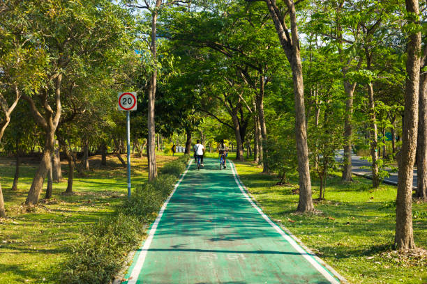in Wachirabenchathat Park (Rot Fai Park) in Bangkok Chatuchak. In background two thai people are cycling. Lane is a course around the hole park