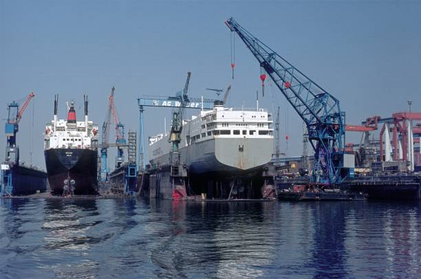 Bremerhaven, Bremen, Germany, 1973. Weser AG shipyard with car transporter shipbuilding for Volkswagen.