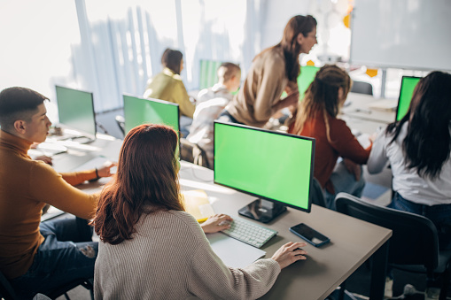 Group of male and female students using desktop computer on class in programming school.