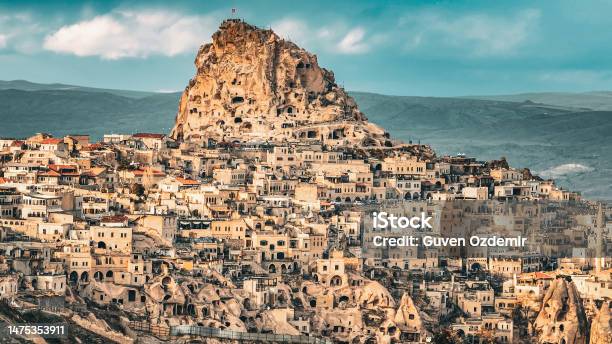 Aerial View Of Uchisar Aerial View Of Cappadocia Uçhisar Castle Famous Place Of Turkey Natural Formation Fairy Chimneys Unesco Heritage Destination Aerial View Of Cappadocia Historical Region In Central Anatolia Old Settlement Village Of Stone Stock Photo - Download Image Now