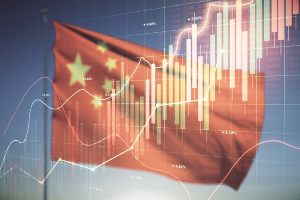 istock Multi exposure of virtual creative financial chart hologram on Chinese flag and blue sky background, research and analytics concept 1475354833
