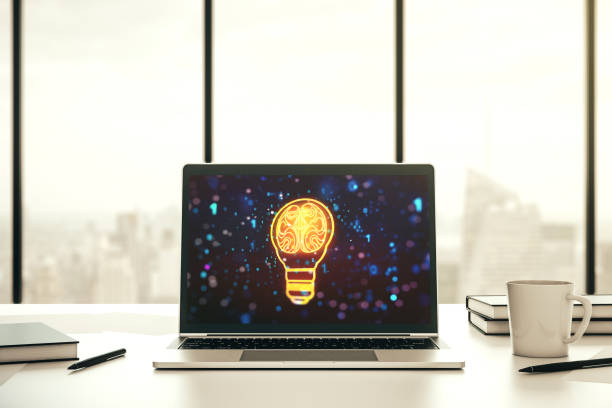 istock Creative light bulb illustration with human brain on modern computer monitor, future technology concept. 3D Rendering 1475355709