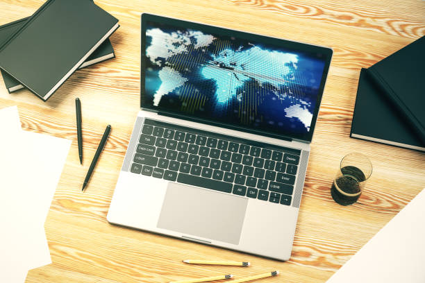 istock Computer monitor with abstract creative digital world map, globalization concept. 3D Rendering 1475355729