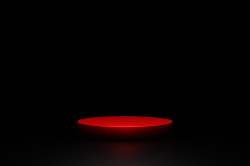 Red product presentation pedestal podium platform in the dark background