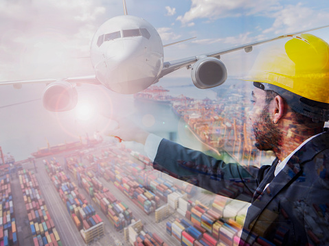 Global Business Network Distribution, Containers Logistics Transport Concept, Double Exposure of Freight Ship, forklift and airplane.