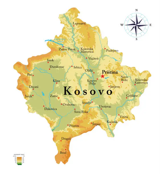 Vector illustration of Kosovo highly detailed physical map