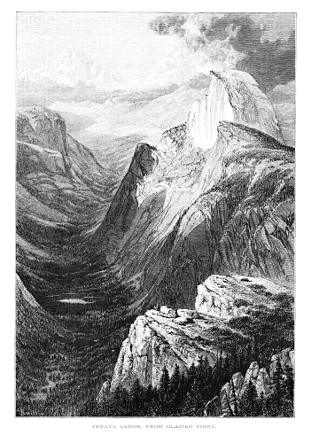 Tenaya Canyon at Yosemite National Park view from Summit of Cloud's Rest, Sierra Nevada Mountains, California, USA. Pen and pencil engravings, published 1872. This edition edited by William Cullen Bryant is in my private collection. Copyright is in public domain.