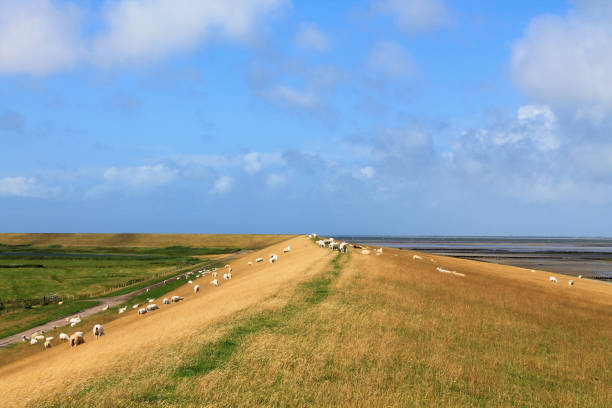 Storm clouds over a dam in the IJsselmeer during a springtime day along the IJsselmeer lakeshore.