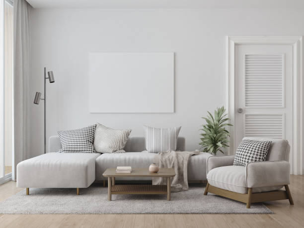 istock Scandinavian living room with wall and poster frame mock up.3d rendering 1475362235