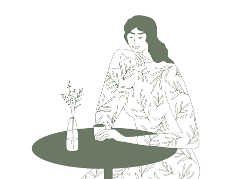 Line art portrait of beautiful woman drinking coffee or tea. Vector minimalist female silhouette. Cafe table for one. Dreamy girl sitting in coffee house. Time for yourself. Linear style illustration