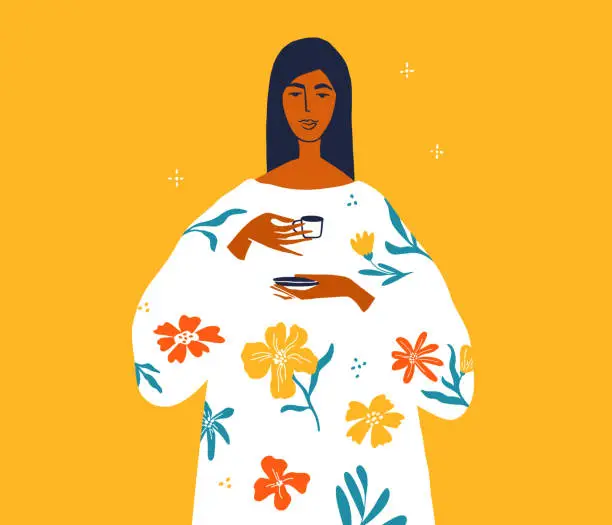 Vector illustration of Vector illustration of self care routine, morning drink with beautiful woman in white floral dress holding in hands small cup of coffee or tea