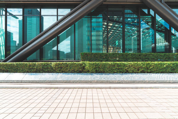 Empty footpath in office park, Shinjuku, Tokyo