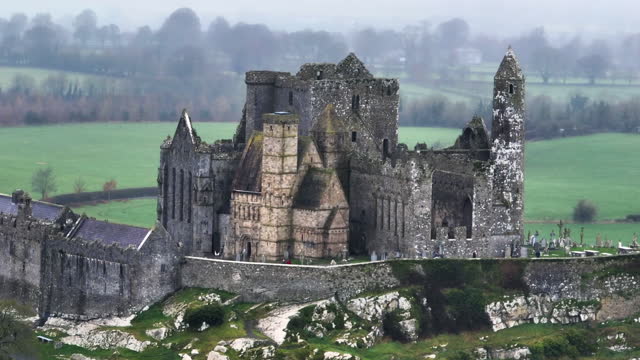 Aerial view of the Ireland, aerial view of ancient ruins, irish rocks, city of cashel,  is a historic site located at Cashel, historic monastery