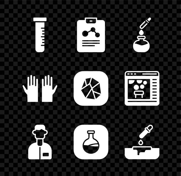 ilustraciones, imágenes clip art, dibujos animados e iconos de stock de set tubo de ensayo y matraz, informe de química, auxiliar de laboratorio, placa de petri con pipeta, guantes de goma médica e icono de piedra de sal. vector - chemistry white petri dish design