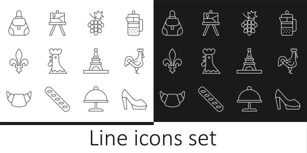 Set line Woman shoe, French rooster, Grape fruit, Fleur De Lys, Handbag, Eiffel tower and Easel or painting art boards icon. Vector Set line Woman shoe French rooster Grape fruit Fleur De Lys Handbag Eiffel tower and Easel or painting art boards icon. Vector. delaware chicken stock illustrations