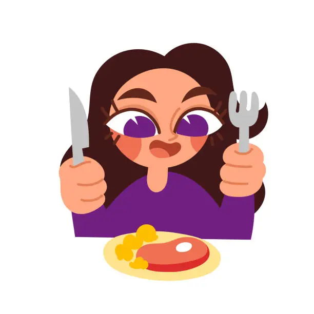 Vector illustration of A beautiful young girl in a restaurant eats a meat steak with boiled potatoes. Expensive, hearty food. Rare, medium, well done and other steak doneness. Cartoon flat vector illustration.