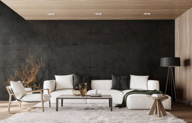 istock Modern interior design of living room with white sofa and empty black concrete wall background. 1475373036