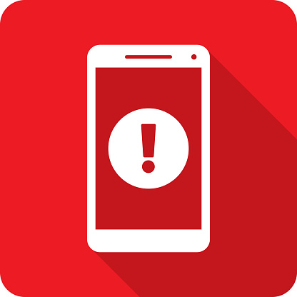 Vector illustration of a smartphone with exclamation point icon against a red background in flat style.