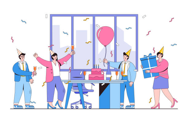 Office party with employees concept with jubilant workers, confetti, cake, and champagne. Outline design style minimal vector illustration for landing page, web banner, infographics, hero images Office party with employees concept with jubilant workers, confetti, cake, and champagne. Outline design style minimal vector illustration for landing page, web banner, infographics, hero images. office parties stock illustrations