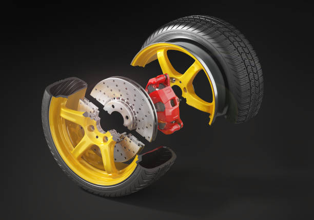 istock Wheel structure. Car wheel with brake isolated on a dark background. 3d illustration 1475375821