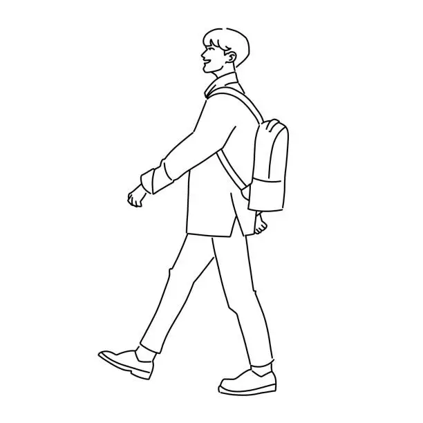 Vector illustration of A young student of a high school, college, university, institute goes to an educational institution dressed in formal attire with a briefcase. Fashion clothes on a young man. Life of a student.