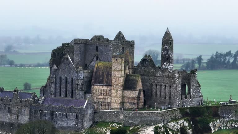 Aerial view of the Ireland, aerial view of ancient ruins, irish rocks, city of cashel,  is a historic site located at Cashel, historic monastery