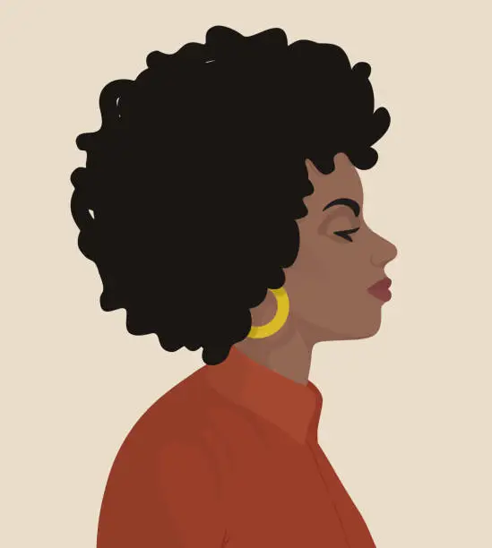 Vector illustration of A young curly dark skinned woman with an earring and in a red shirt sits in profile on a light background. Cute afro american girl. Vector illustration, eps 10.