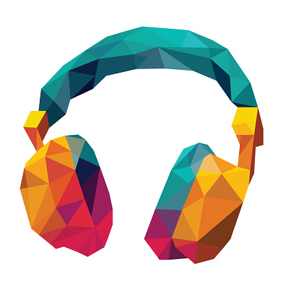 Vector illustration of multi-colored headphones against a white background in low poly style.