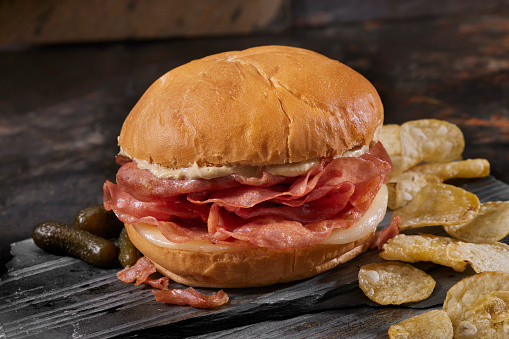 Fried Mortadella Sandwich with Provolone Cheese, Dijon Mustard and Chips