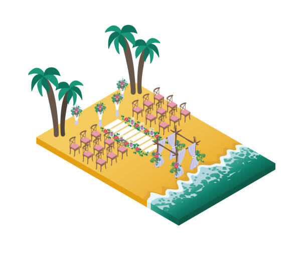 ilustraciones, imágenes clip art, dibujos animados e iconos de stock de vector isométrico de boda en la playa - isometric sea coastline beach