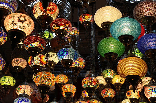 A collection of colorful lights in a store Grand bazaar Istanbul