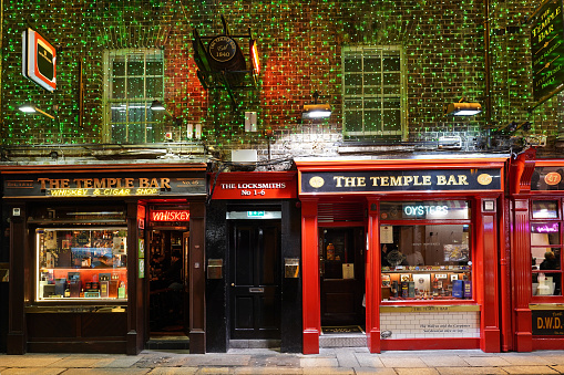 Dublin, Ireland - March 2023:  Colorful pub in the Temple Bar district of Dublin