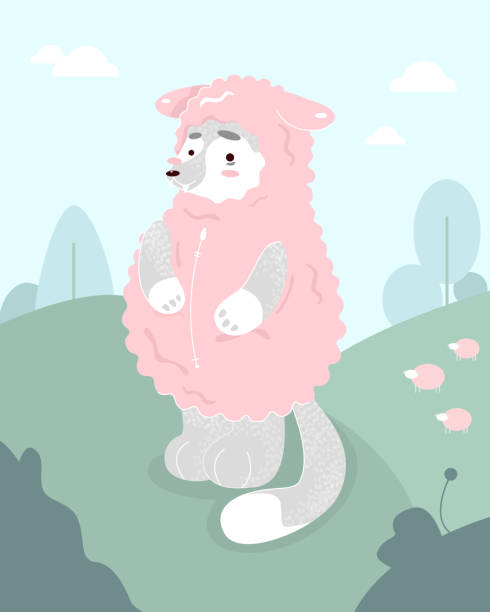 cute wolf in sheep's clothing stands on the field.little sheeps from behind.Vector illustration for print, background cute wolf in sheep's clothing stands on the field.little sheeps from behind.Vector illustration for print, background. Vector illustration wolf and lamb stock illustrations